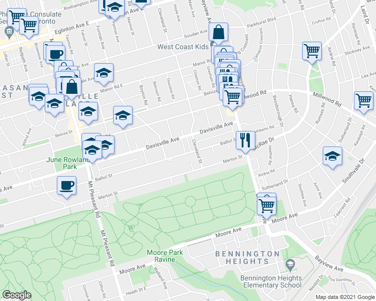 map of restaurants, bars, coffee shops, grocery stores, and more near 3 Martin Road in Toronto