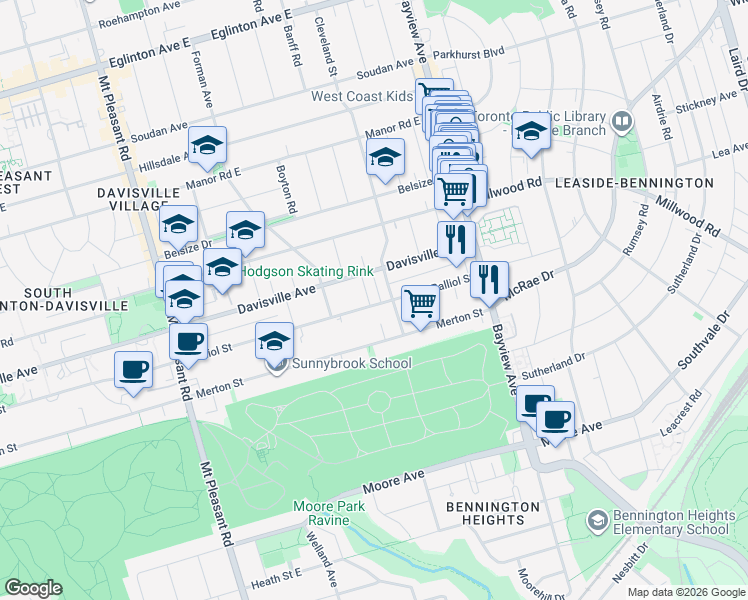 map of restaurants, bars, coffee shops, grocery stores, and more near in Toronto