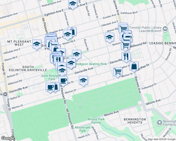 map of restaurants, bars, coffee shops, grocery stores, and more near in Toronto