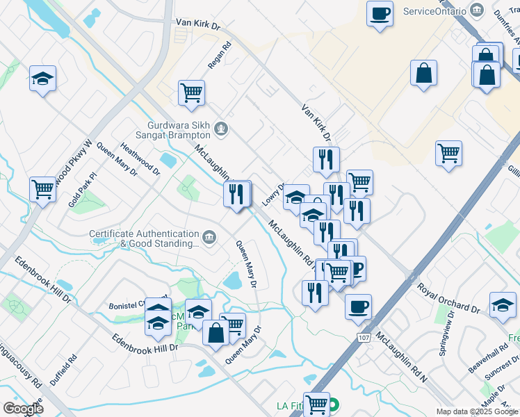 map of restaurants, bars, coffee shops, grocery stores, and more near 5 Lowry Drive in Brampton