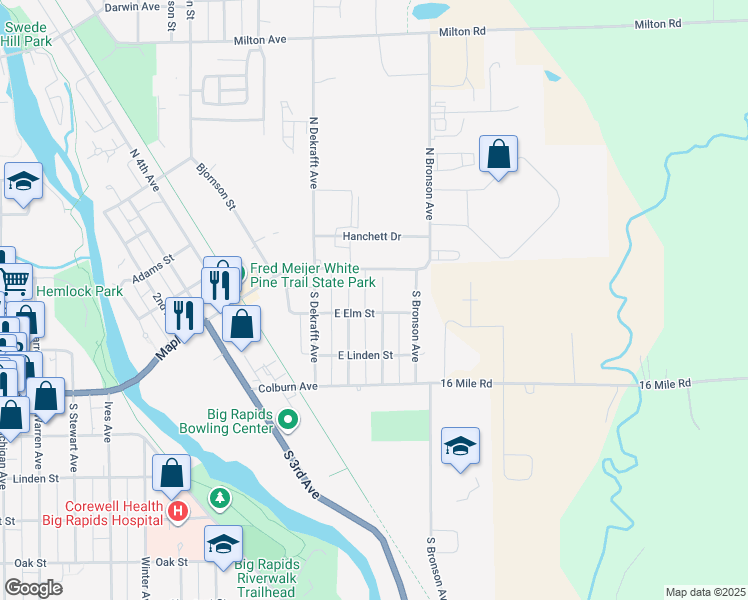 map of restaurants, bars, coffee shops, grocery stores, and more near 124 Pemberton Avenue in Big Rapids