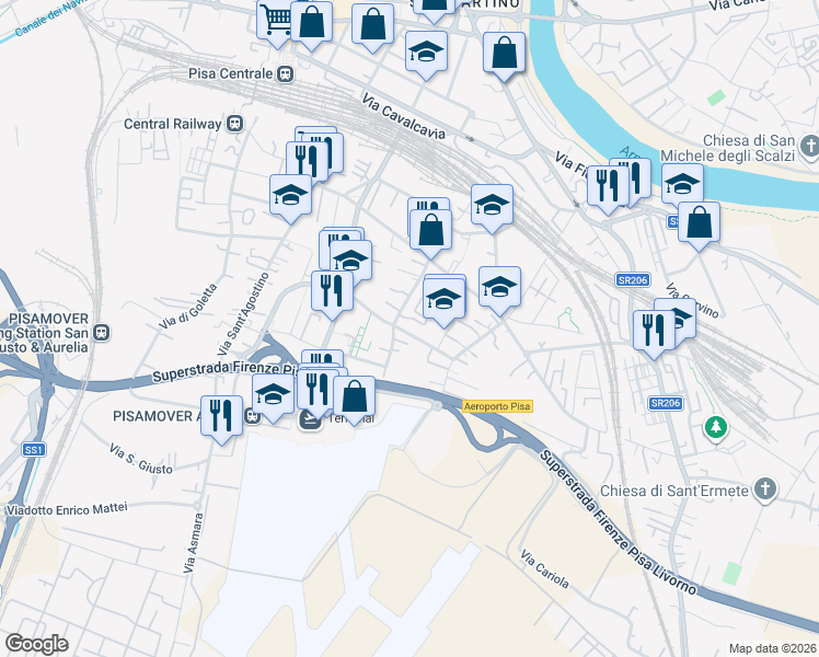 map of restaurants, bars, coffee shops, grocery stores, and more near 30 Via Arcangelo Ghisleri in Pisa