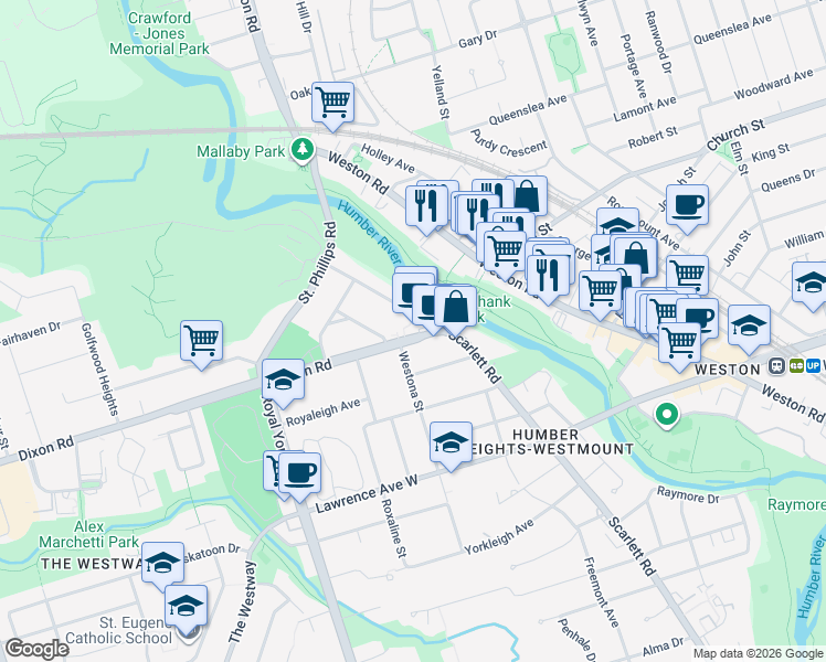map of restaurants, bars, coffee shops, grocery stores, and more near 10A Dixon Road in Toronto