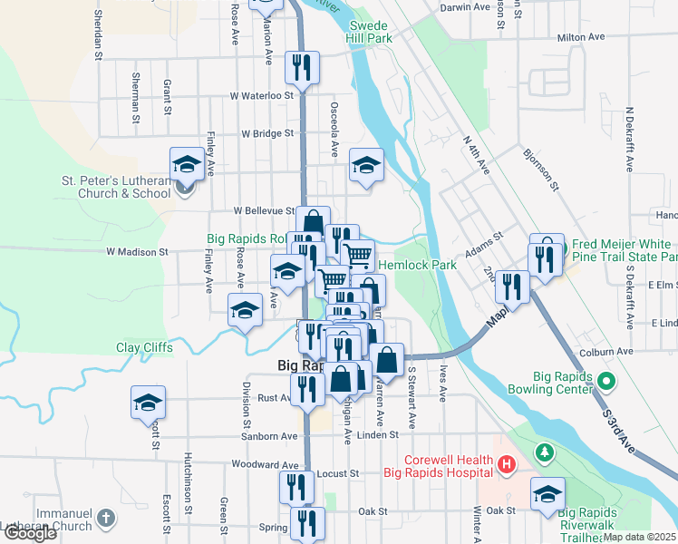 map of restaurants, bars, coffee shops, grocery stores, and more near 305 North Michigan Avenue in Big Rapids