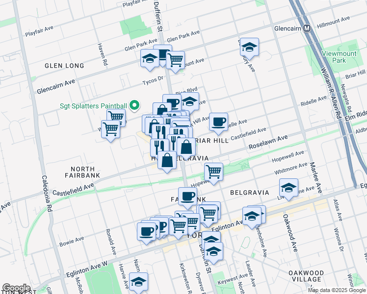 map of restaurants, bars, coffee shops, grocery stores, and more near 2489 Dufferin Street in Toronto