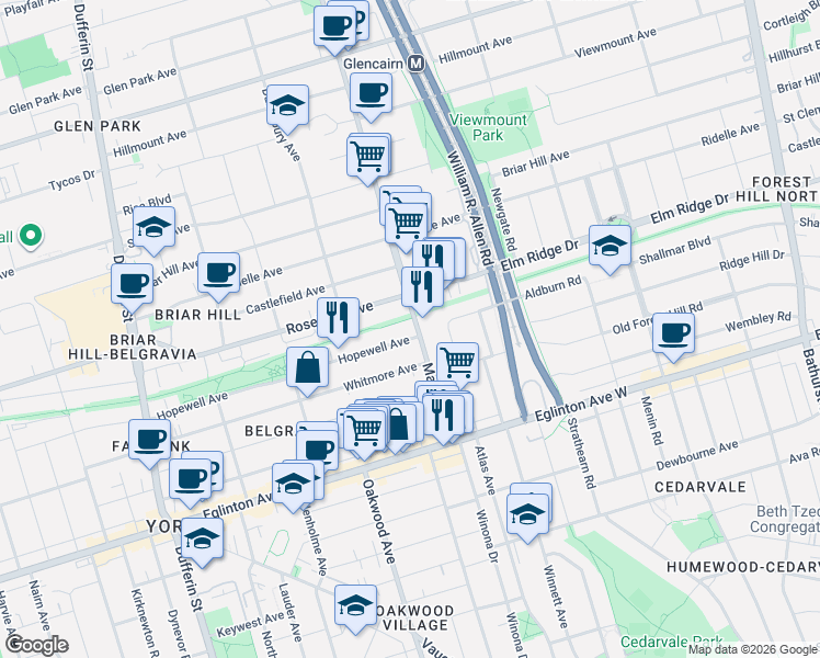 map of restaurants, bars, coffee shops, grocery stores, and more near 110 Marlee Avenue in Toronto