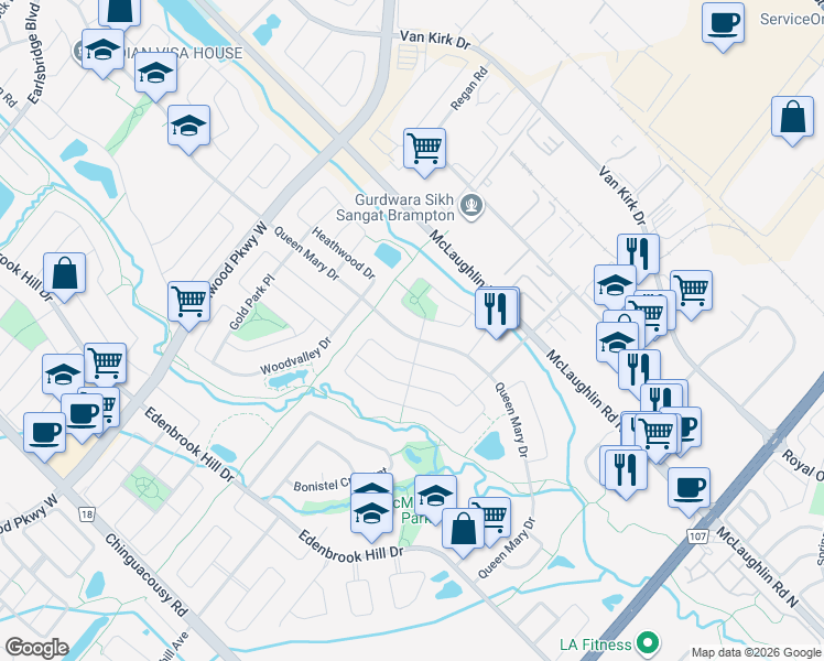 map of restaurants, bars, coffee shops, grocery stores, and more near 135 Queen Mary Drive in Brampton