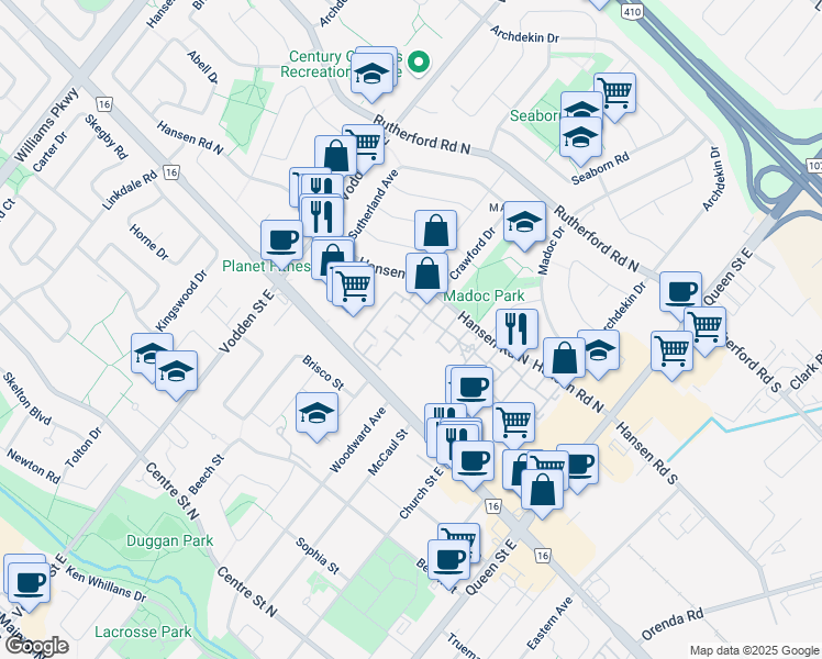 map of restaurants, bars, coffee shops, grocery stores, and more near 93 Hansen Road North in Brampton