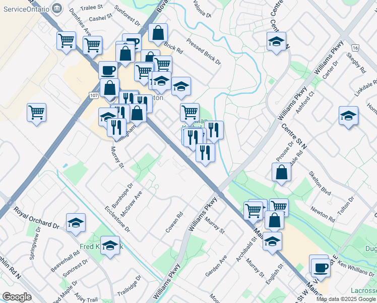 map of restaurants, bars, coffee shops, grocery stores, and more near 137 Brickyard Way in Brampton