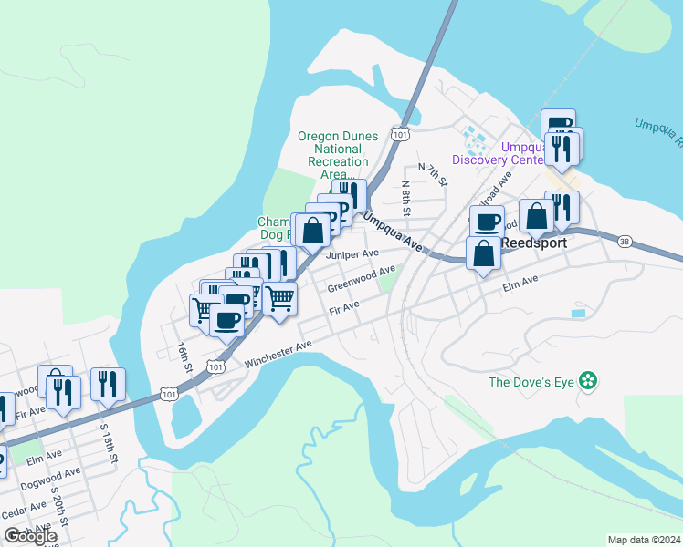 map of restaurants, bars, coffee shops, grocery stores, and more near 991 Greenwood Avenue in Reedsport