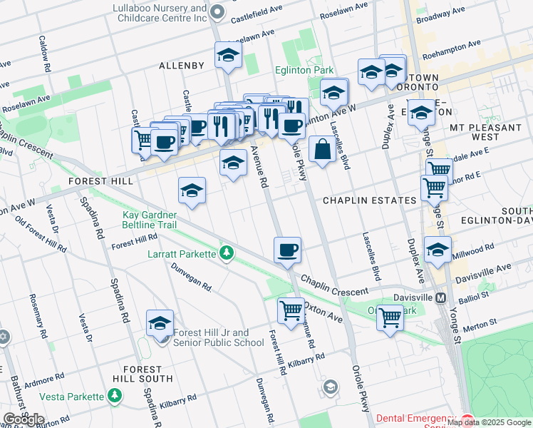 map of restaurants, bars, coffee shops, grocery stores, and more near in Toronto
