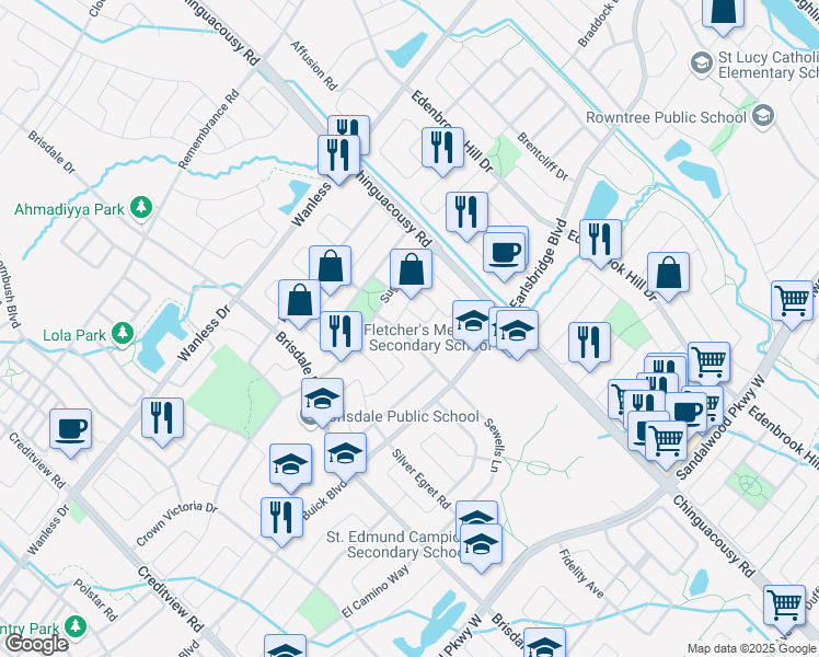 map of restaurants, bars, coffee shops, grocery stores, and more near 14 Orangegrove Drive in Brampton