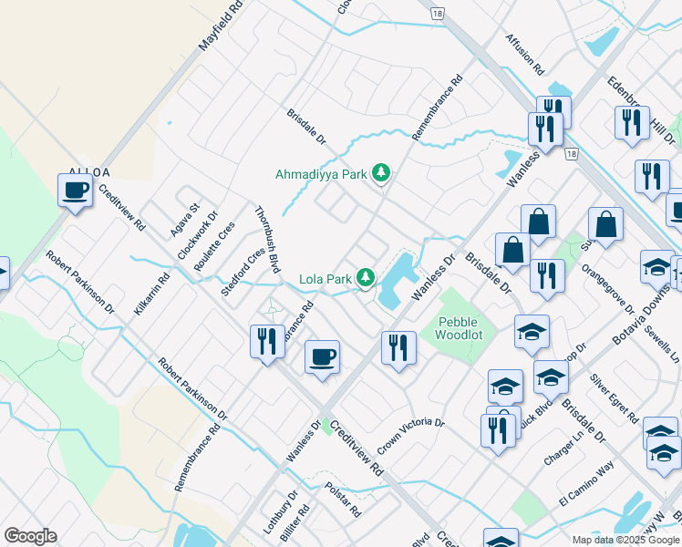 map of restaurants, bars, coffee shops, grocery stores, and more near 10 Lola Crescent in Brampton