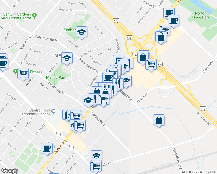 map of restaurants, bars, coffee shops, grocery stores, and more near 261 Queen Street East in Brampton