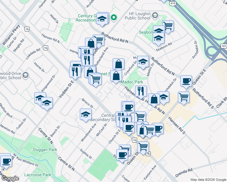 map of restaurants, bars, coffee shops, grocery stores, and more near 93 Hansen Road North in Brampton