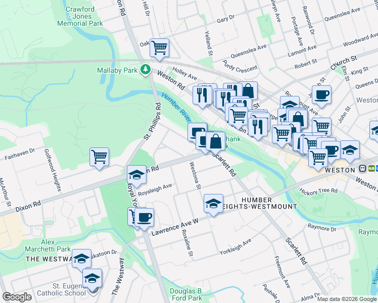 map of restaurants, bars, coffee shops, grocery stores, and more near 22 Dixon Road in Toronto