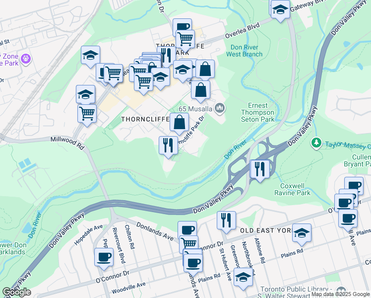 map of restaurants, bars, coffee shops, grocery stores, and more near 47 Thorncliffe Park Drive in Toronto