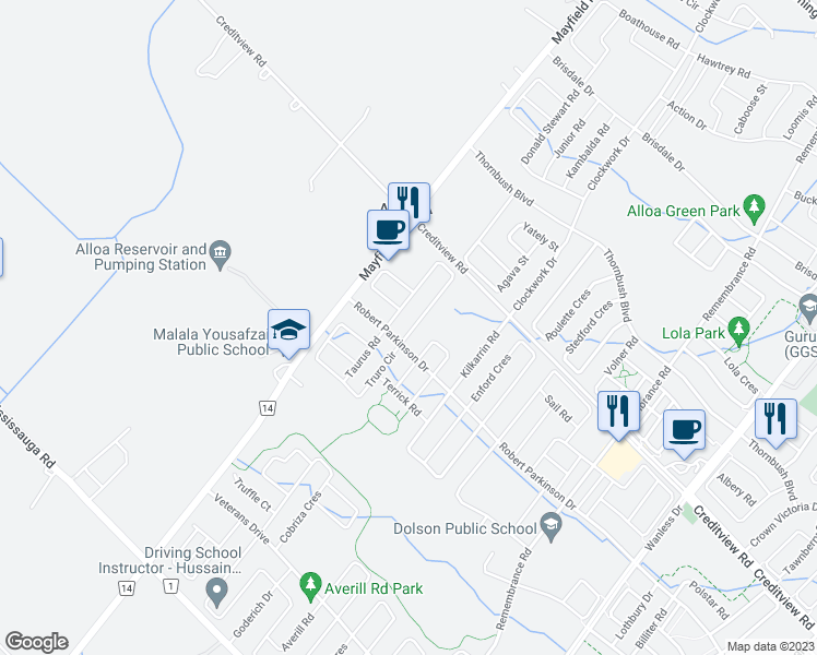 map of restaurants, bars, coffee shops, grocery stores, and more near 9 Humberstone Crescent in Brampton