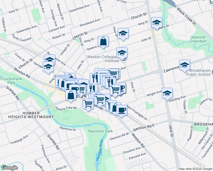 map of restaurants, bars, coffee shops, grocery stores, and more near 2014 Lawrence Avenue West in Toronto