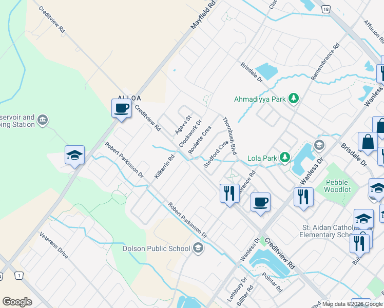 map of restaurants, bars, coffee shops, grocery stores, and more near 64 Enford Crescent in Brampton