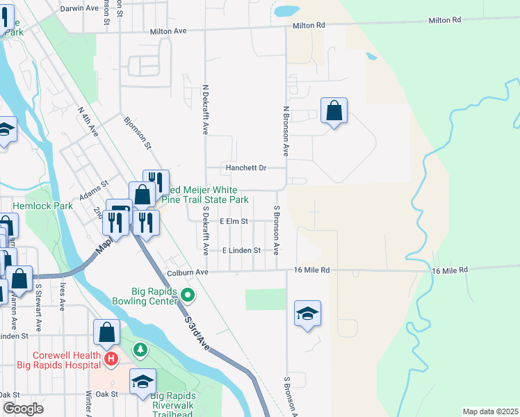 map of restaurants, bars, coffee shops, grocery stores, and more near 124 Pemberton Avenue in Big Rapids