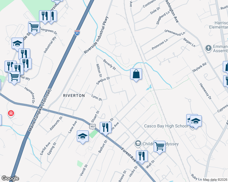map of restaurants, bars, coffee shops, grocery stores, and more near 26 Buca Run in Portland