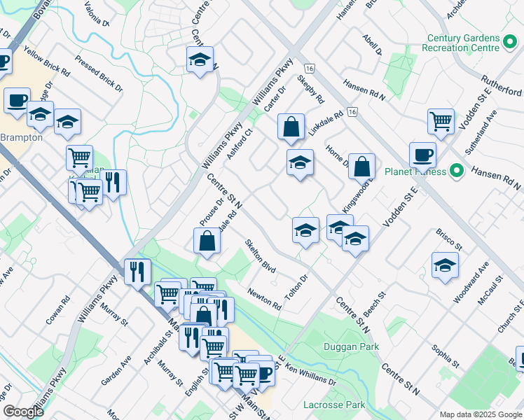map of restaurants, bars, coffee shops, grocery stores, and more near 314 Centre Street North in Brampton