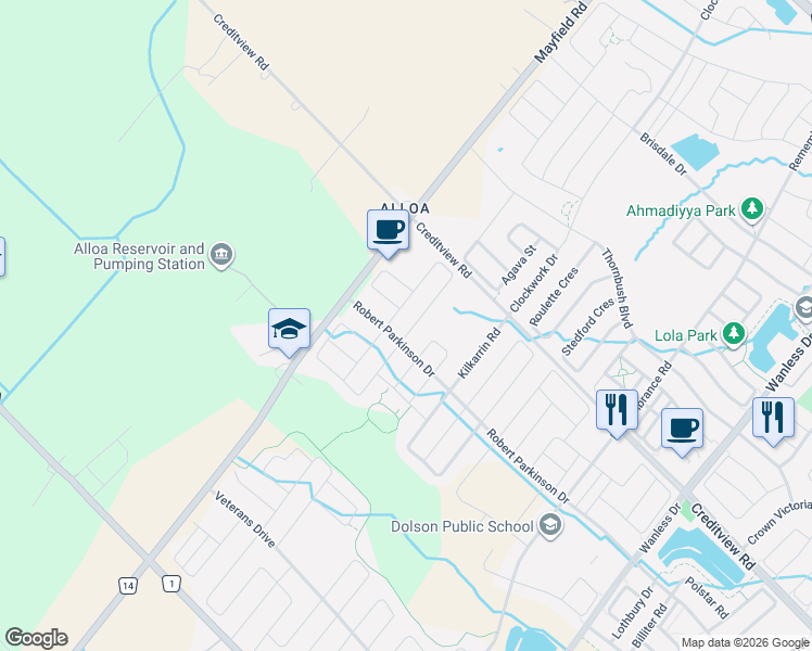 map of restaurants, bars, coffee shops, grocery stores, and more near 9 Humberstone Crescent in Brampton