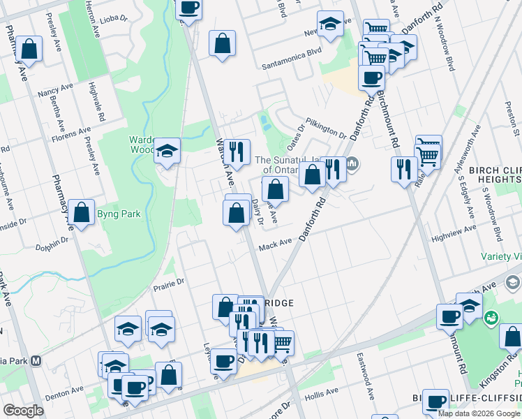 map of restaurants, bars, coffee shops, grocery stores, and more near 95 Dairy Drive in Toronto
