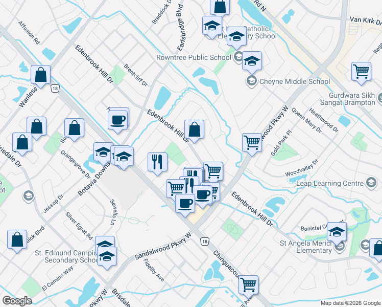 map of restaurants, bars, coffee shops, grocery stores, and more near 214 Edenbrook Hill Drive in Brampton