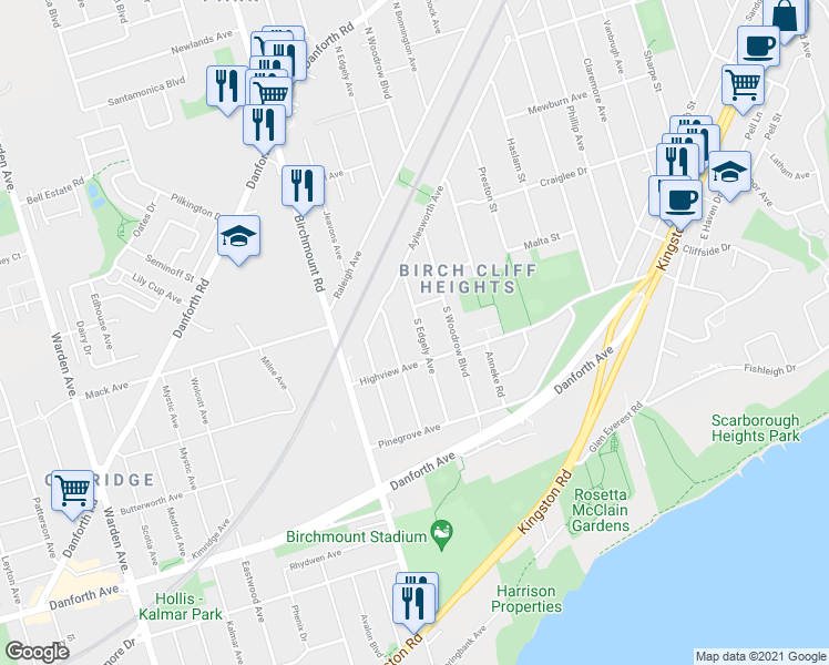 map of restaurants, bars, coffee shops, grocery stores, and more near 96 South Edgely Avenue in Toronto