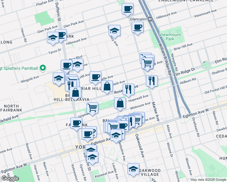 map of restaurants, bars, coffee shops, grocery stores, and more near 131 Times Road in Toronto