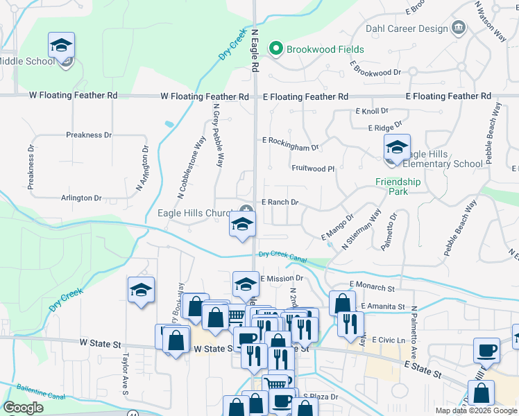 map of restaurants, bars, coffee shops, grocery stores, and more near 23 East Ranch Drive in Eagle