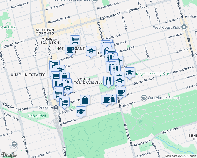map of restaurants, bars, coffee shops, grocery stores, and more near 43 Acacia Road in Toronto