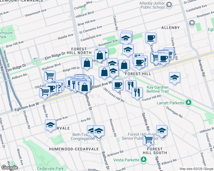 map of restaurants, bars, coffee shops, grocery stores, and more near in Toronto
