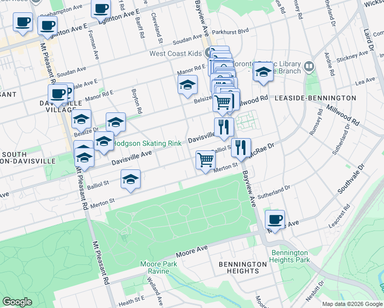 map of restaurants, bars, coffee shops, grocery stores, and more near 646 Balliol Street in Toronto