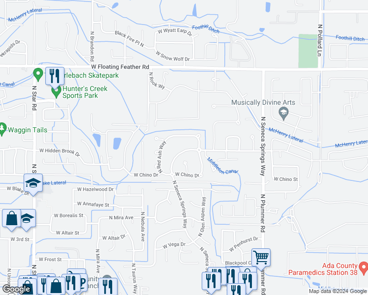 map of restaurants, bars, coffee shops, grocery stores, and more near 1030 North Seneca Springs Way in Star