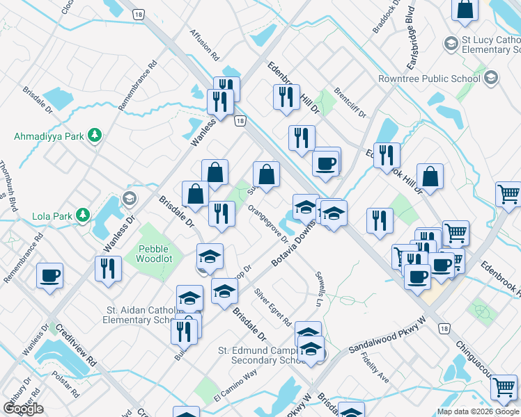 map of restaurants, bars, coffee shops, grocery stores, and more near 14 Orangegrove Drive in Brampton