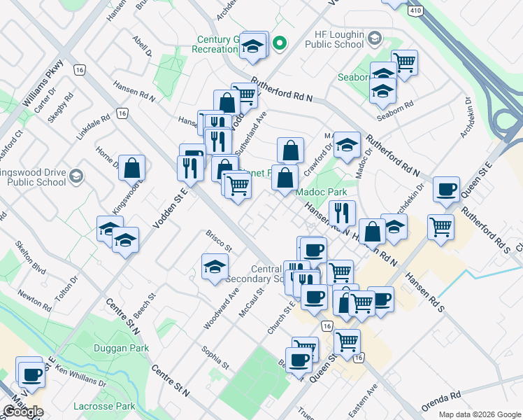 map of restaurants, bars, coffee shops, grocery stores, and more near 11-15 Marshall Drive in Brampton