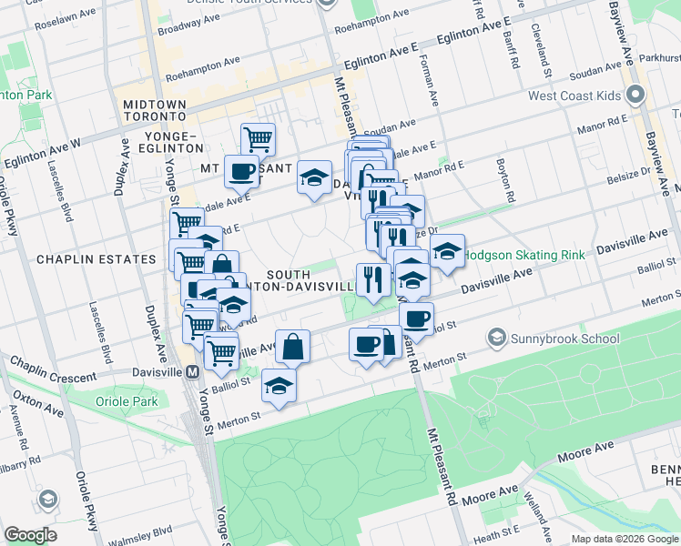 map of restaurants, bars, coffee shops, grocery stores, and more near 43 Acacia Road in Toronto