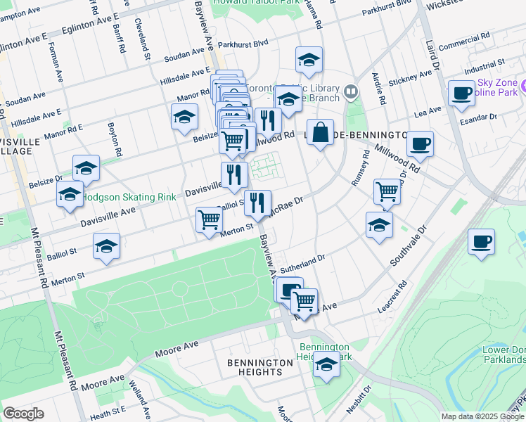 map of restaurants, bars, coffee shops, grocery stores, and more near 1395 Bayview Avenue in Toronto