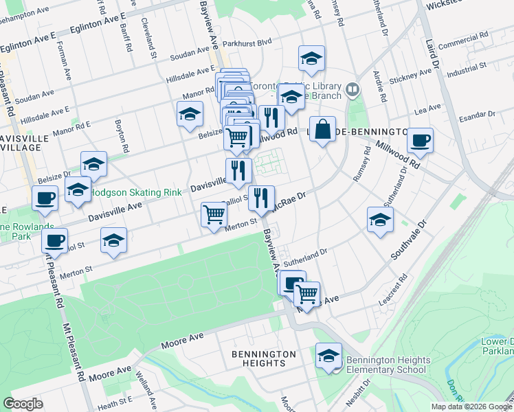map of restaurants, bars, coffee shops, grocery stores, and more near 52 Holmes Avenue in Toronto