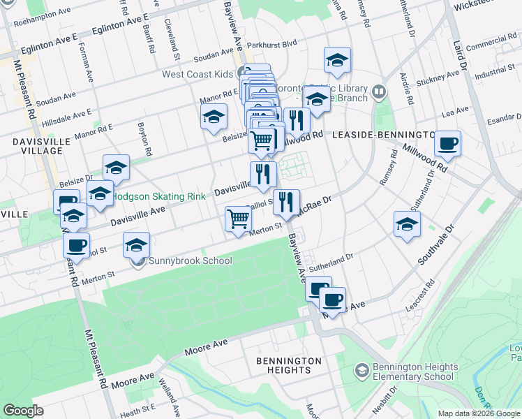 map of restaurants, bars, coffee shops, grocery stores, and more near in Toronto
