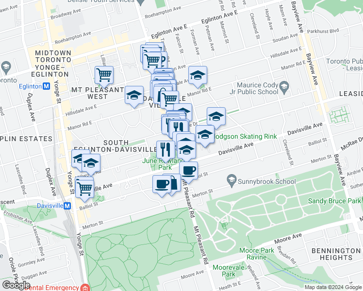 map of restaurants, bars, coffee shops, grocery stores, and more near in Toronto