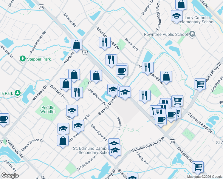 map of restaurants, bars, coffee shops, grocery stores, and more near 39 Allness Road in Brampton