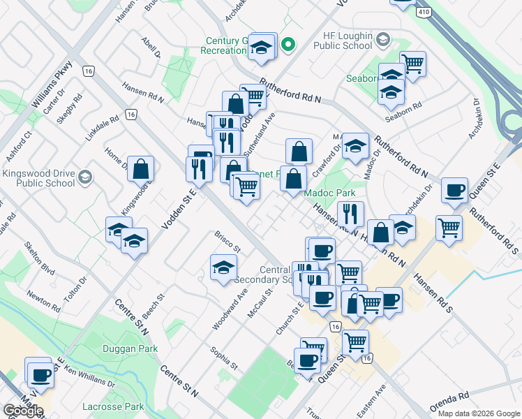 map of restaurants, bars, coffee shops, grocery stores, and more near 105 Hansen Road North in Brampton