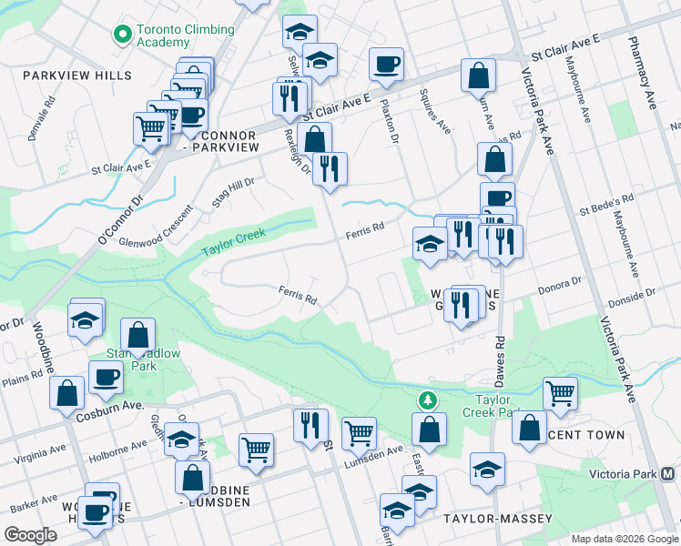 map of restaurants, bars, coffee shops, grocery stores, and more near in Toronto