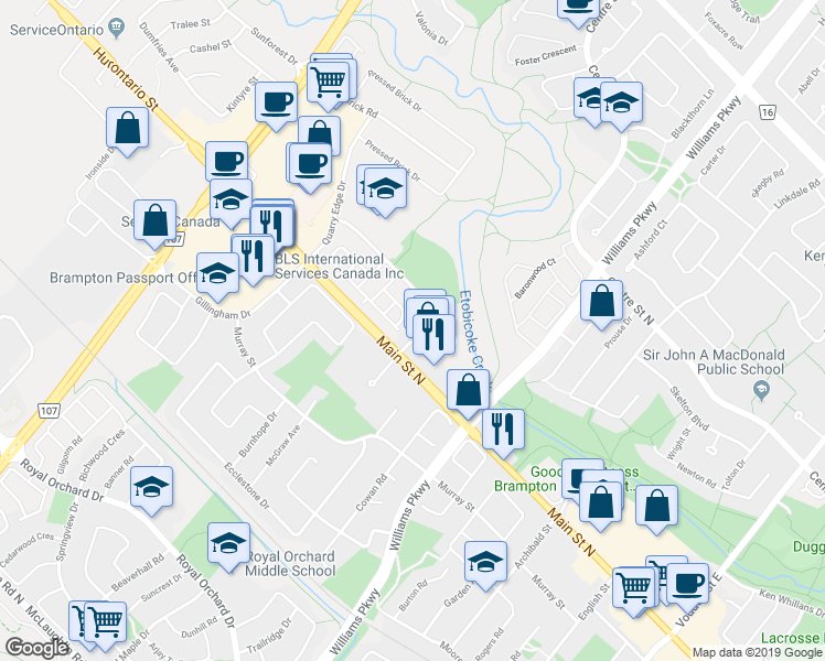 map of restaurants, bars, coffee shops, grocery stores, and more near 123 Brickyard Way in Brampton