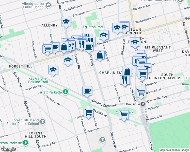map of restaurants, bars, coffee shops, grocery stores, and more near 308 Oriole Parkway in Toronto