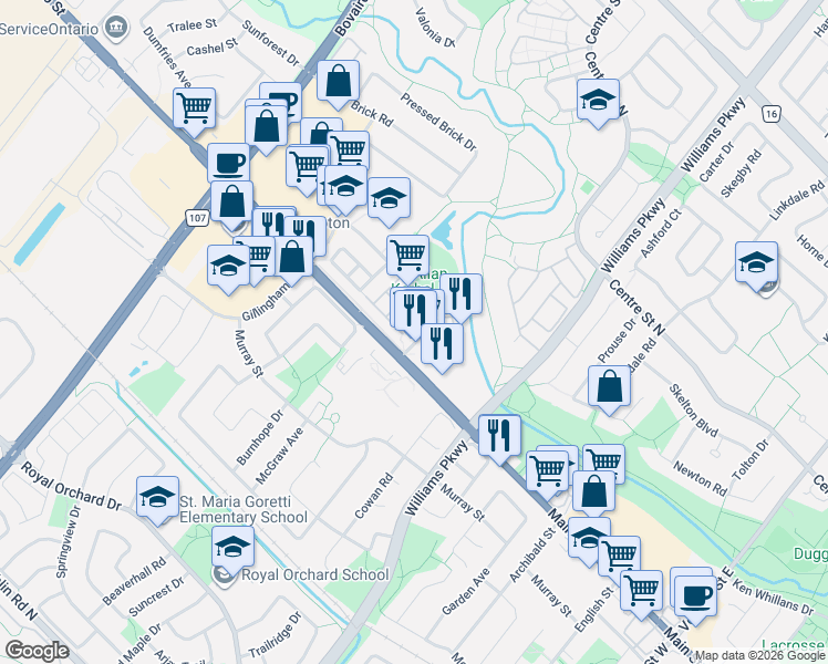map of restaurants, bars, coffee shops, grocery stores, and more near 123 Brickyard Way in Brampton